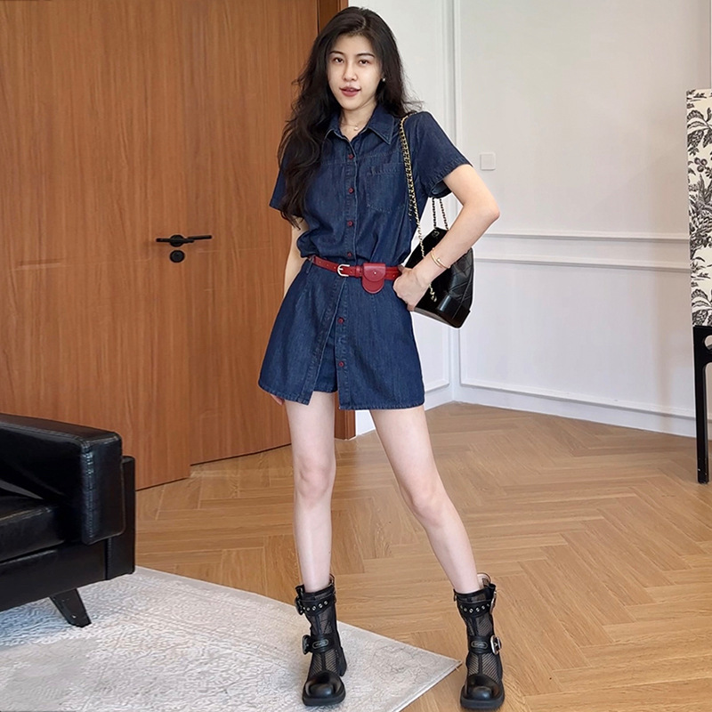大码港风牛仔衬衫遮肉裤裙两件套女2025夏季新款胖mm巨好看的套装|undefined