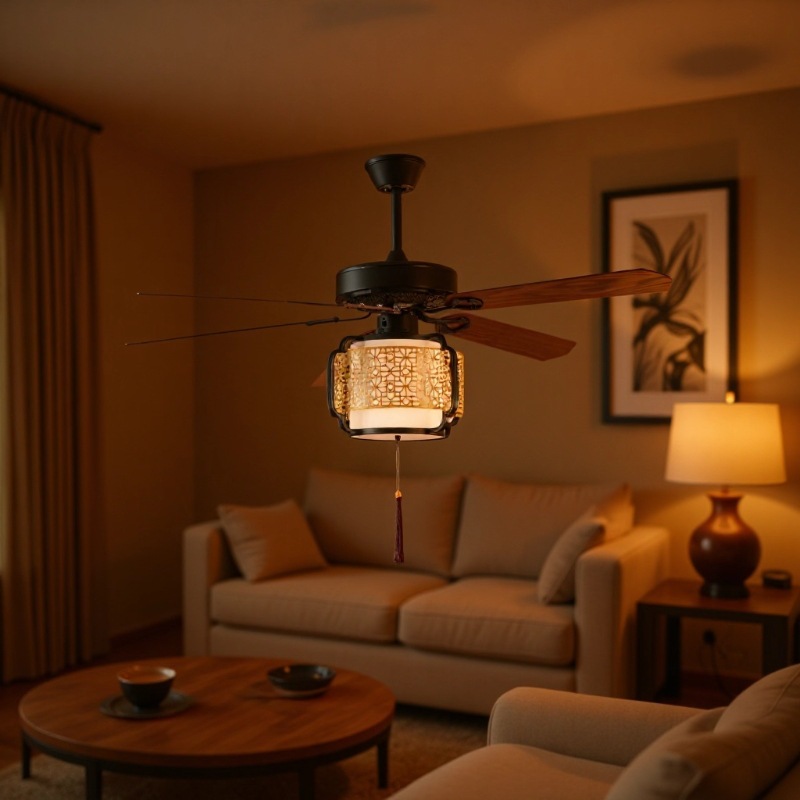 Chinese Retro Ceiling Fan Traditional Bedroom Chandelier Wooden Leaf Home Modern Living Room Integrated Pavilion Antique Fan Restaurant