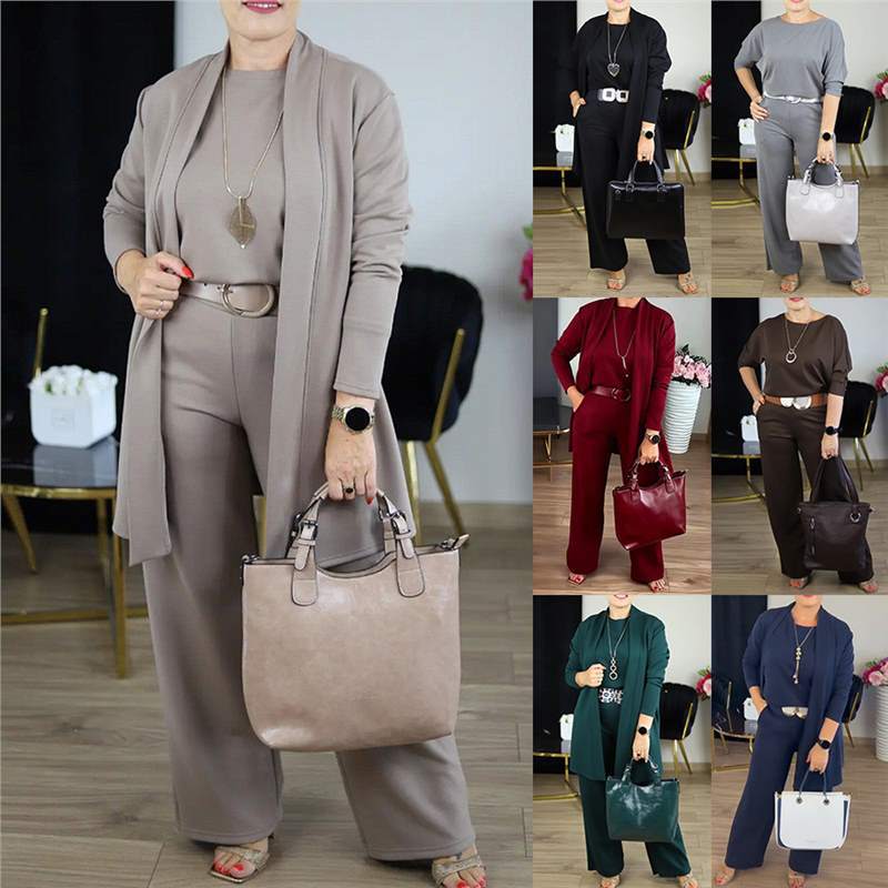 2025春秋季欧美跨境独立站女装纯色圆领短袖长裤中长款外套三件套