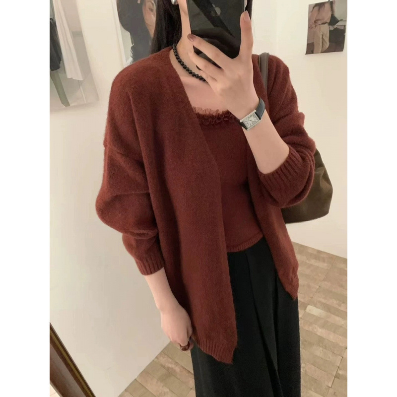 YS韩版休闲纯色蕾丝边吊带背心针织开衫外套显瘦慵懒风毛衣两件套|undefined