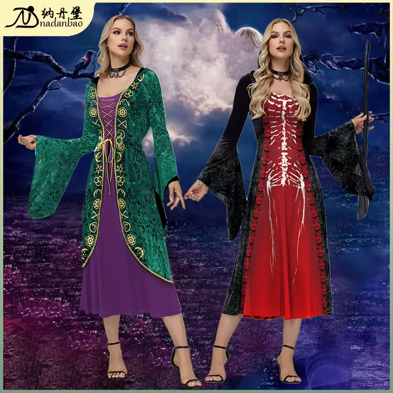 万圣节女巫也疯狂连帽裙子跨境喇叭袖连衣裙数码印花暗黑风裙子女