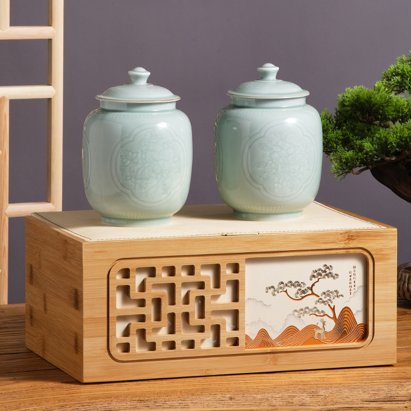 创意复古镂空设计超大气双陶瓷罐书皮开盒绿茶龙井半斤装可加logo