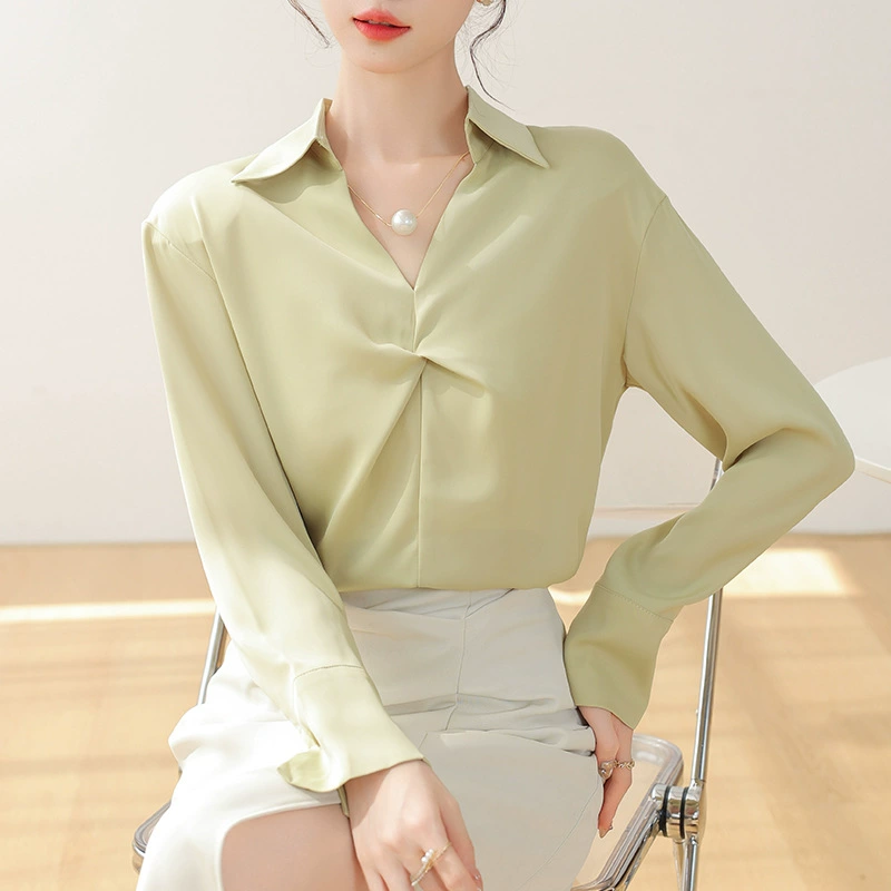 5-цветные настоящие белые атласные рубашки женская весенняя профессиональная поездка на работу OL Интервью рубашка дизайн блузка легкая приготовленная рубашка
