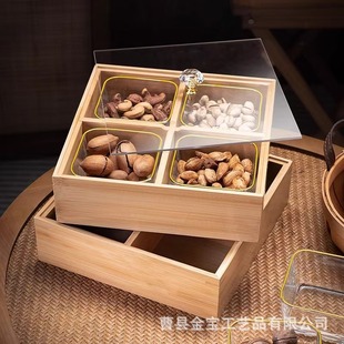 Home Living Room Four-Compartment Candy Tray Solid Wood Dried Fruit Box Christmas Wooden Snack Box Nut and Snack Storage Box