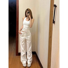 小个子白色工装裤女春秋2025新款美式辣妹抽绳低腰直筒窄版休闲裤