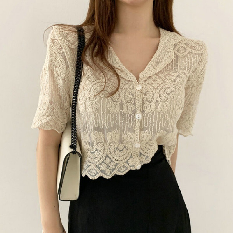 Korean Fashion Embroidered Crochet Lace Short Top Women's 2024 Summer New Hollow Small Lace Short-sleeved Shirt