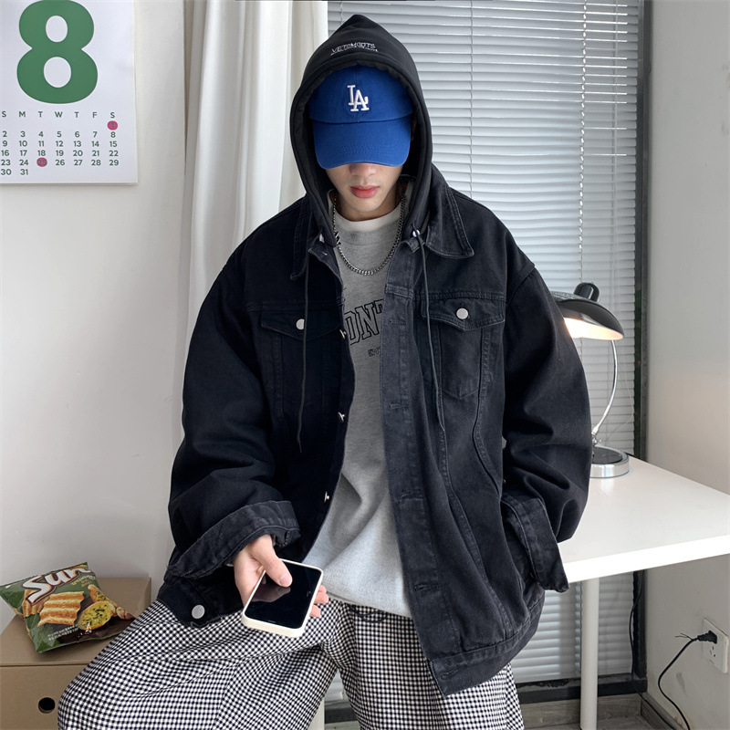 Falso abrigo de mezclilla con capucha de dos piezas para hombre primavera y otoño American High Street Pu Shuai calle frita suelta chaqueta juvenil de alto grado