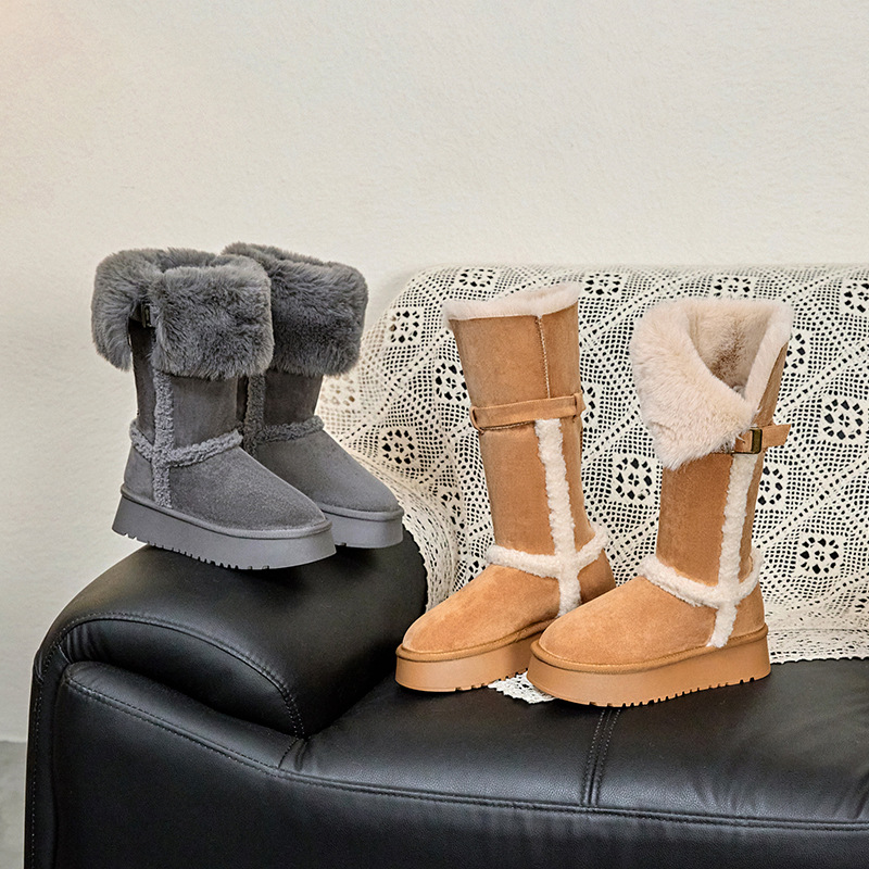 Popular Gray Thick-Soled Snow Boots for Women 2025 Winter New Two-Wear Fleece-Lined Thickeneded Northeast Snow Cotton Shoes for Women