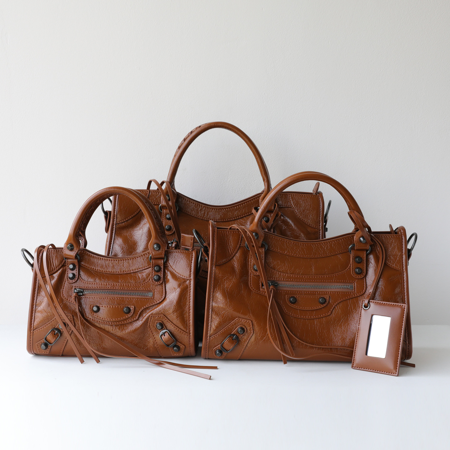 Classic Lecity Large Capacity Motorcycle Bag - Cracked Pattern Punk Studded Top Grain Cowhide Shoulder Handbag - Thumbnail 7
