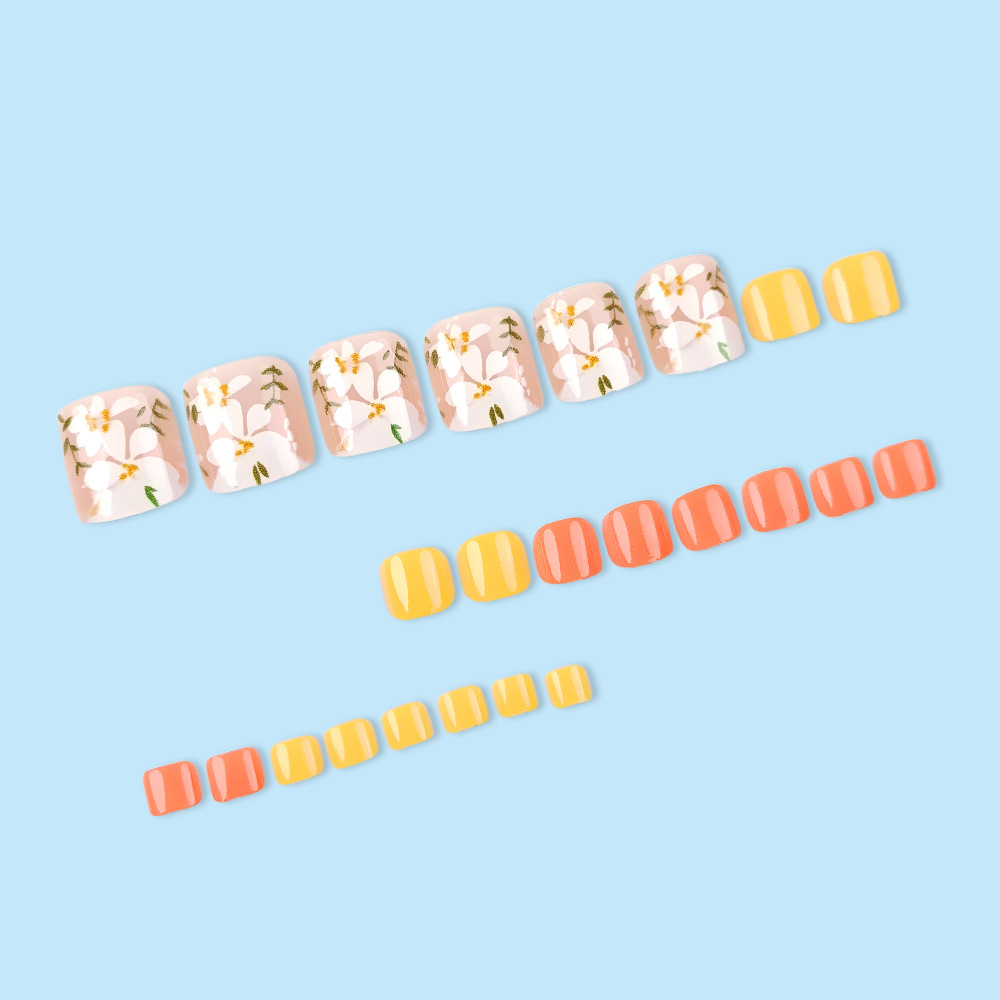 Uñas postizas de moda con diseño floral y hojas verdes, 24 piezas, pegatinas para uñas de los pies, producto terminado, superventas transfronterizo, uñas postizas listas para usar.