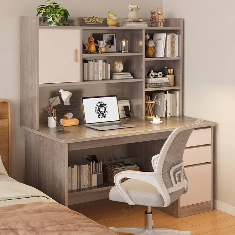 Desk with bookshelf, integrated writing desk for students' bedroom, home use, small study computer desk, simple office desk for rental housing