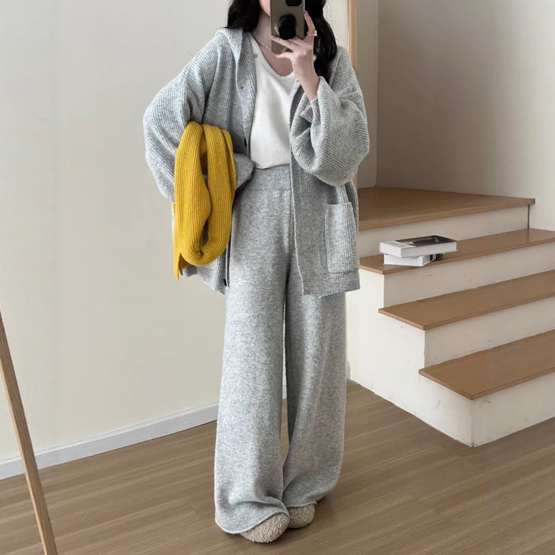 2025秋冬新款复古慵懒风连帽卫衣阔腿裤两件套女装休闲套装批发|undefined