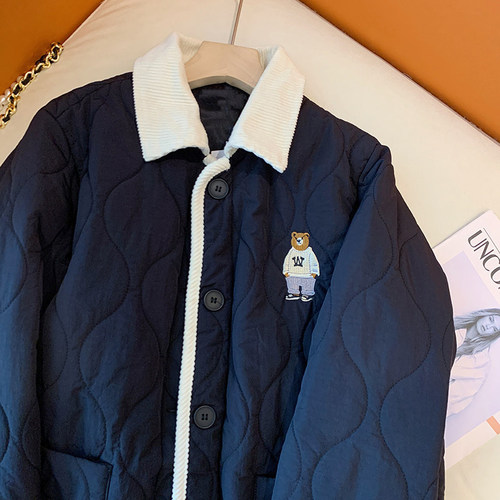 Vintage American Bear Embroidered Contrast Edge Cotton Jacket for Men and Women, Winter Fashion Gingham Loose Thick Collar Outerwear