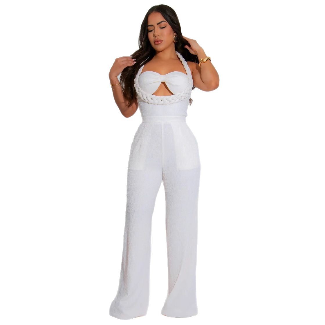 High Waist Design Woven Spaghetti Straps Sleeveless Loose Straight One Piece 11 High Waist Design Woven Spaghetti Straps Sleeveless Loose Straight One Piece