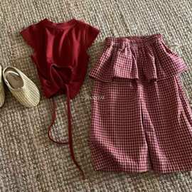 韩版童装夏季新款露背绑带短袖恤女童红格子屁帘阔腿裤潮