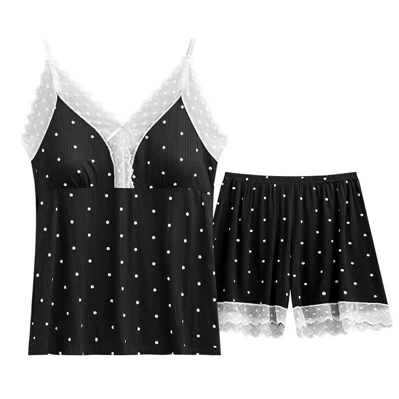 HOMEWEAR 정장 서스펜더 반바지 대비 색 레이스 폴카 도트 모달 패딩 잠옷 여성 여름 핫 스타일 도매