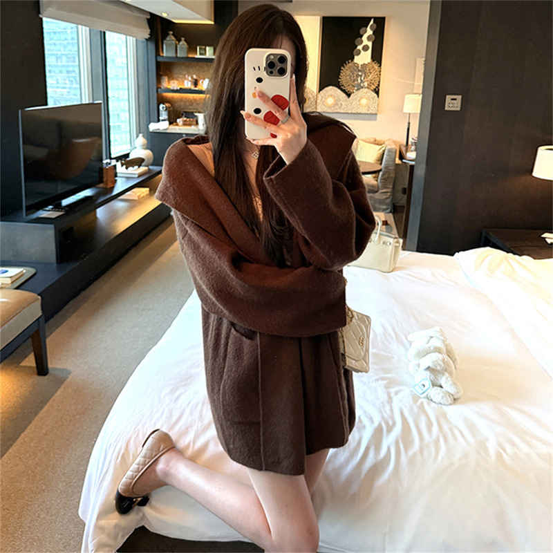 高级感连帽毛衣外套女秋冬新款慵懒风宽松中长款针织开衫大衣外搭|undefined