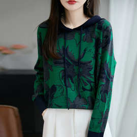 精仿羊毛连帽撞色提花针织衫内搭秋冬新款套头毛衣女打底上衣帽衫