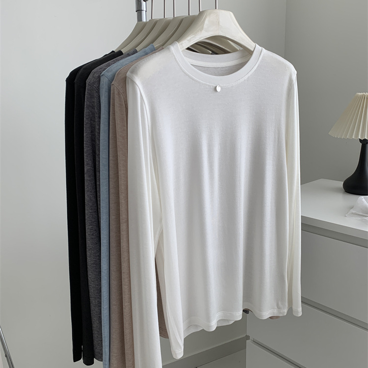 Soft Waxy Draped Tencel Wool Small Gold Long-sleeved T-shirt Women's Simple Korean Style Spring/Summer Elegant All-match Sunscreen Base