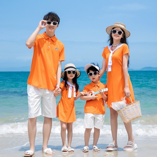  Trendy High-End New Parent-Child Clothes Short-Sleeve Summer Mother-Daughter Dress Polo Shirt Family Set for Three