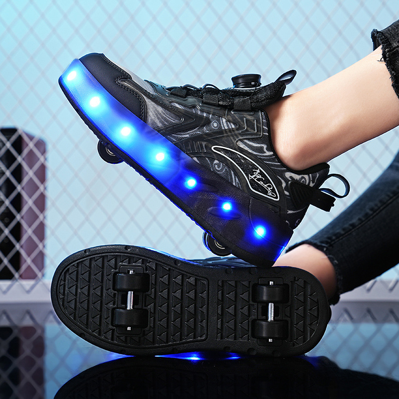 Cyber-famous heloon shoes for boys and girls children two-wheel four-wheel pulley skating adult high-value deformation shoes with lights can go