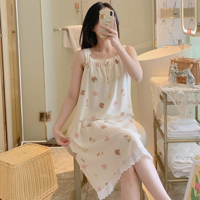 Venta al por mayor transfronteriza verano nuevo pijama camisón de tirantes para mujer encaje lindo estampado de dibujos animados espuma suave servicio a domicilio