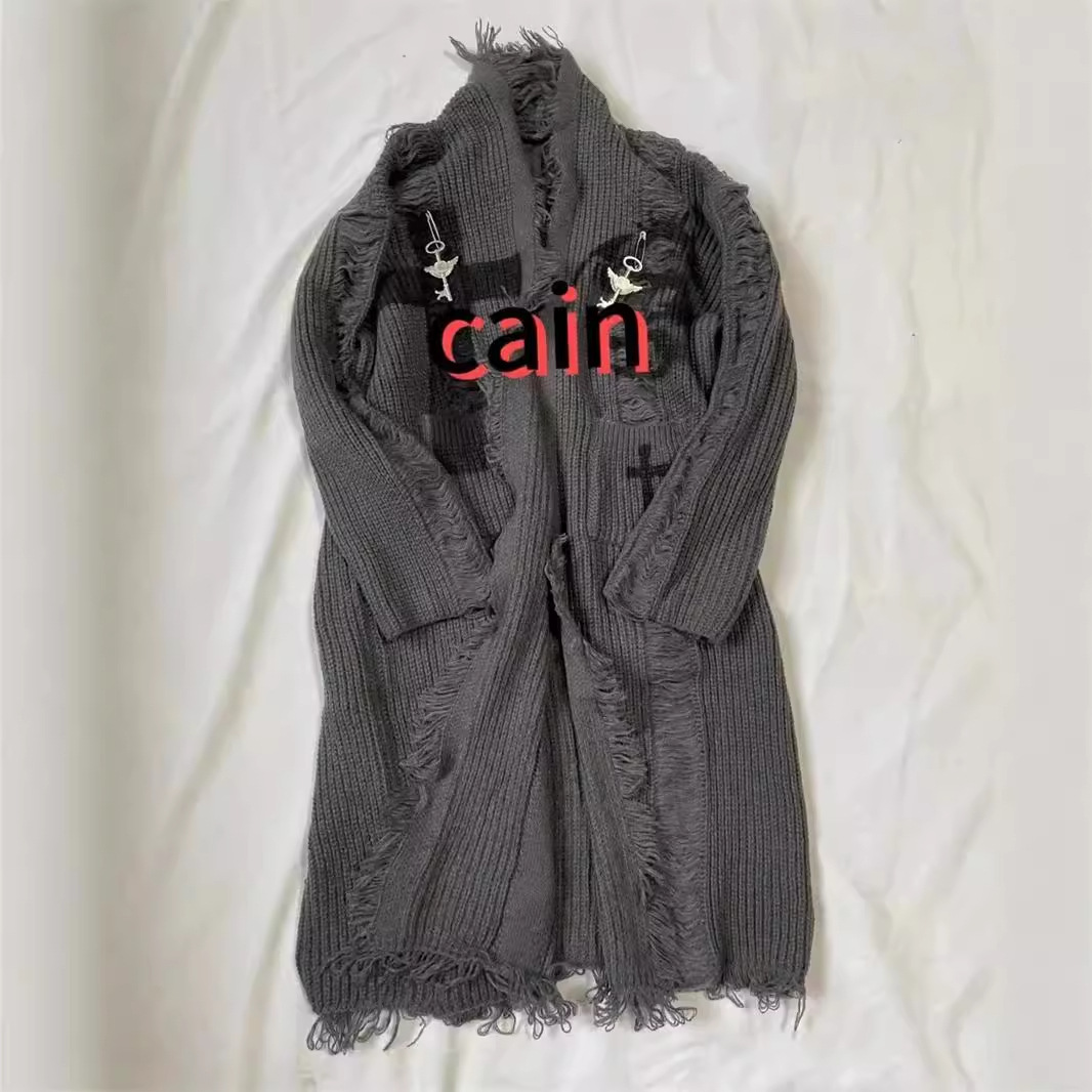 Herrenbekleidung Dark Subculture Retro Distressed Cardigan Sweater Zerrissene Punk-Strickjacke mittlerer Länge für Herren und Damen_voghion.com