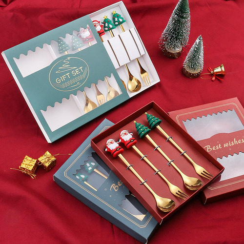 Stainless steel Christmas spoon set Christmas tableware coffee spoon fruit fork cartoon Christmas doll spoon fork
