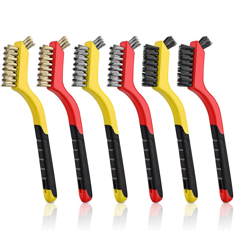 6件套钢丝刷迷你钢丝清洁刷，用于清洁焊渣和铁锈，红色和黄色