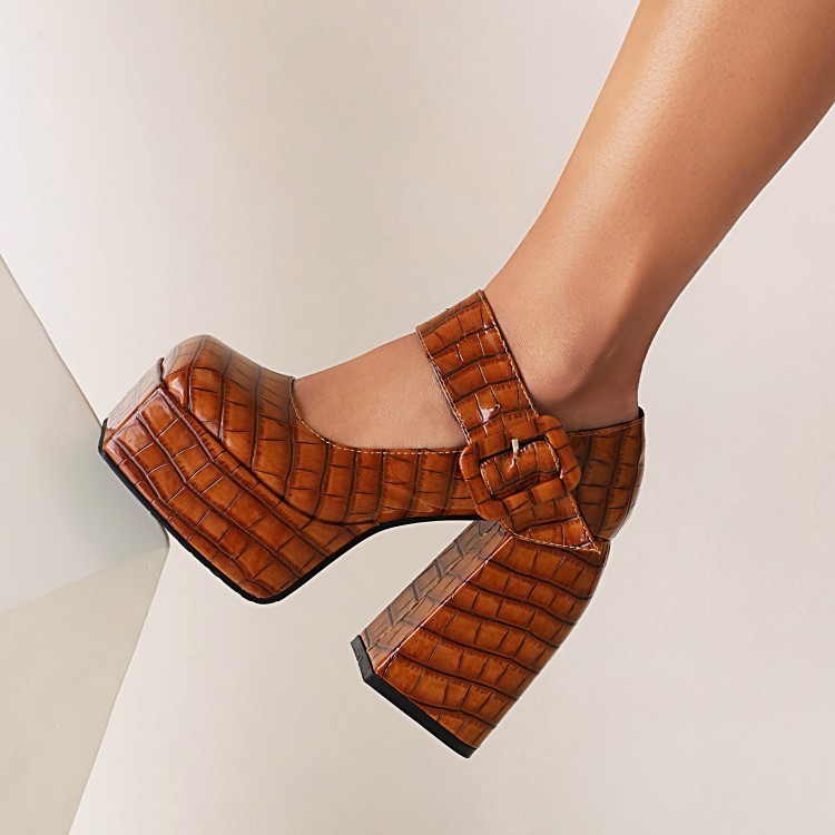 Square head thick with waterproof platform buckle high heels large size women's shoes stone pattern_voghion.com