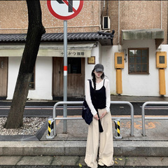 PPHOME韩系叠穿长袖针织衫黑色吊带女秋季温柔套装休闲两件套