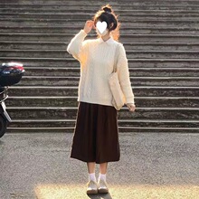 穿搭一整套女学院风盐系打底衬衣麻花针织毛衣毛呢半身裙三件套装