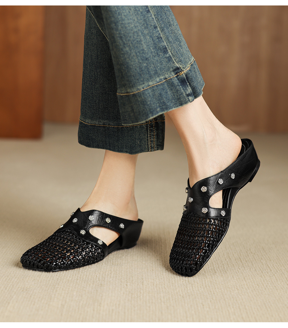 Dép sandal nữ quai chữ V phong cách vintage, mũi kín, đế xuồng thoải mái — đen chi tiết 9