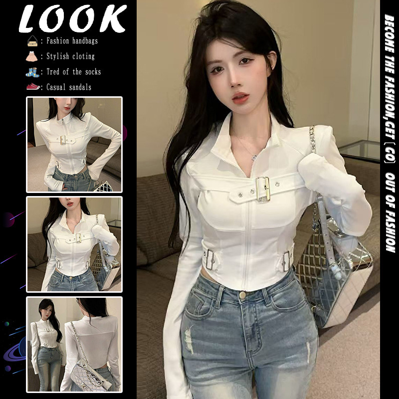 American Sweet and Cool Sexy Style Metal Buckle Long-Sleeved T-Shirt, Western Style Niche Design, Slimming Look Cardigan Top