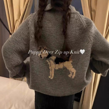 现 韩国设计师ribb**bit狗狗图案翻领开衫韩系女装学院风针织外套