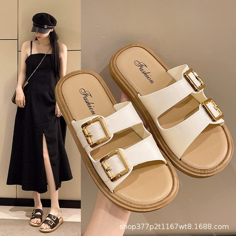 Ретро модные тапочки плоскоподошвенные женщины носят летние новые двубортные холодные тапочки