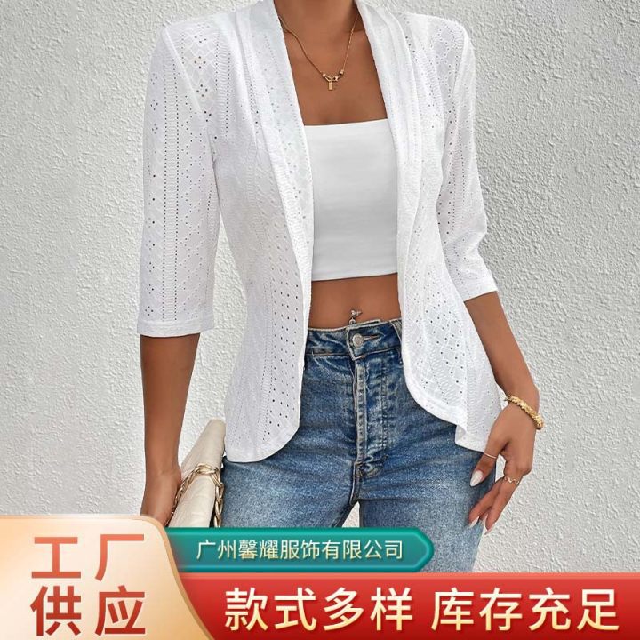 2025 European and American Cross-Border Casual Versatile New Solid Color Half-Sleeve Eyelet Embroidery Women's Elegant Hollow Open-Front Jacket