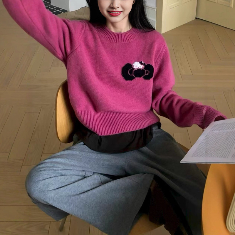 猫咪蝴蝶结提花套头圆领毛衣女2025秋冬新款减龄慵懒风针织衫上衣|undefined