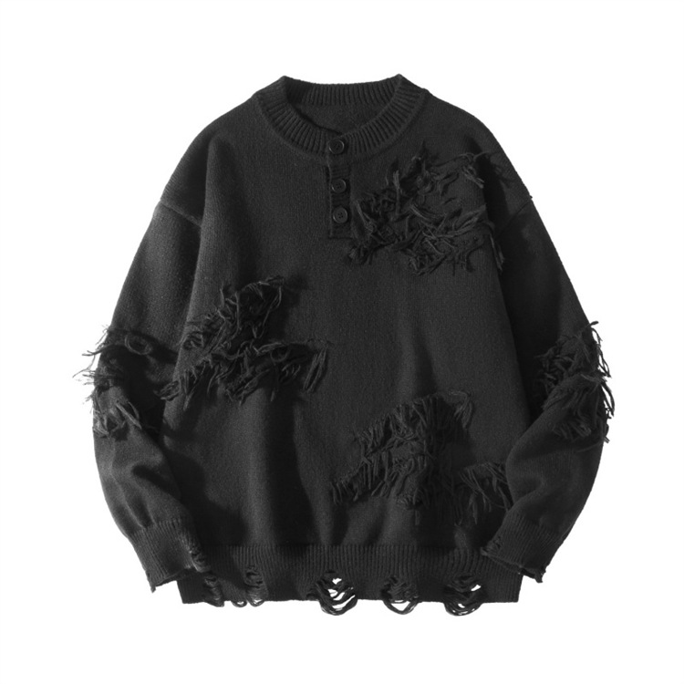 Men's Distressed Knit Sweater - Oversized Lazy Style Pullover With Drop Shoulder, Round Neck, Long Sleeve, Winter Casual Top (White, Black, Gray)_voghion.com