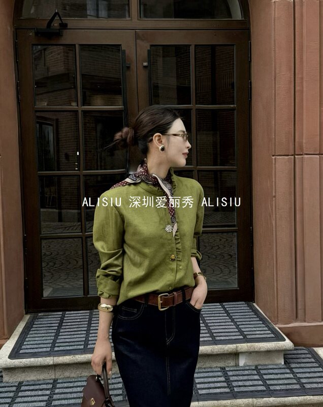 Nanyou Light Luxury Heavyweight Tencel Linen Lace Collar Long Sleeve Shirt Slim Fit New Spring Fashion Niche Style