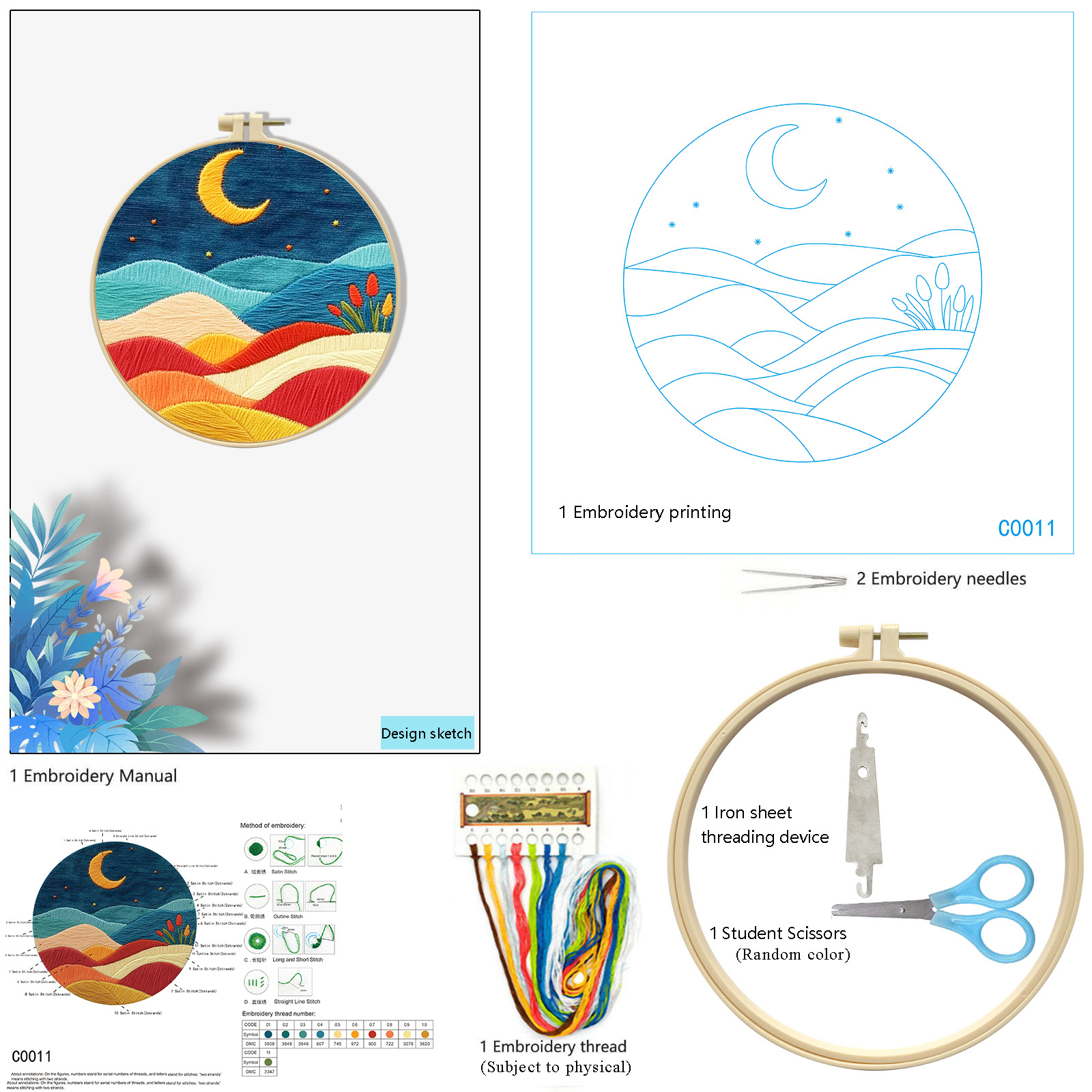 Bordado transfronterizo de nuevos productos, combinación de paisaje, sol y luna, bordado de paisaje hermoso, paquete de material para principiantes, bordado de fábrica