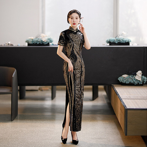 Gold with black velvet sequined Chinese dresses qipao for women cheongsam Short-sleeved singers host miss etiquette model show performance cheongsam