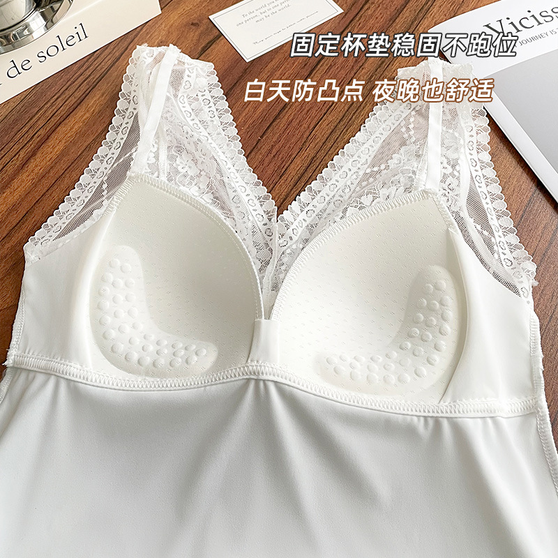 여성용 봄 여름 새틴 프렌치 레이스 브이넥 뷰티 백 탑, 고정 컵 바닥 및 긴 대형 조끼