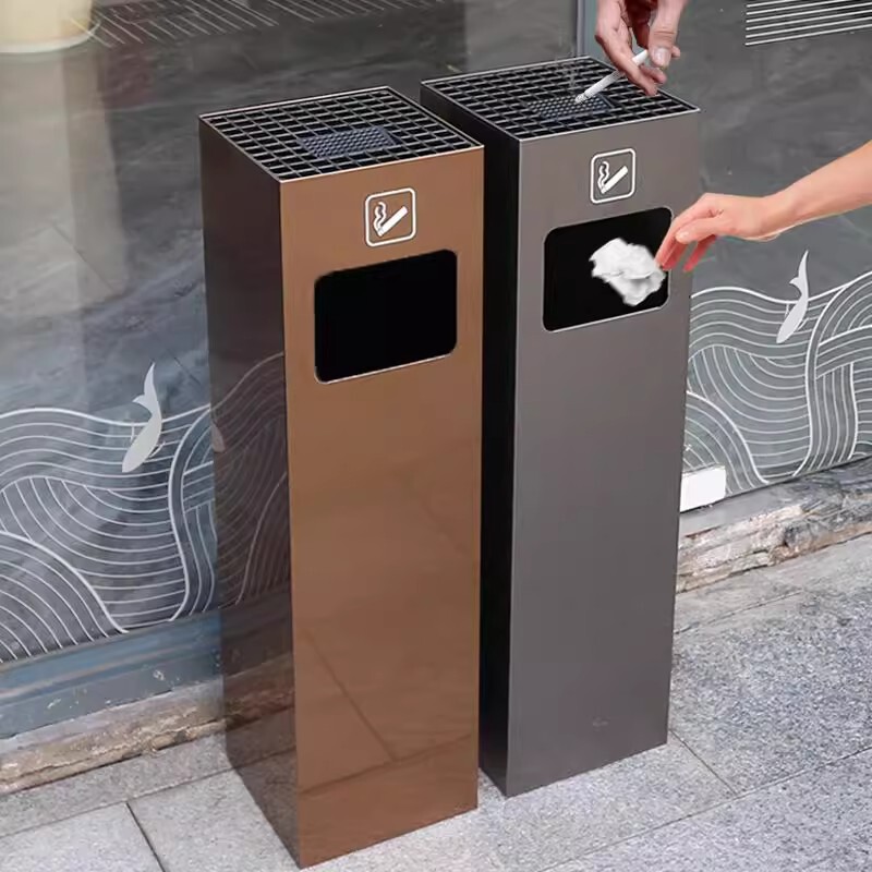 Stainless Steel Trash Can with Ashtray for Hotel Lobby Elevator Entrance, Vertical Cigarette Butt Extinguisher, Light Luxury Large Commercial Use