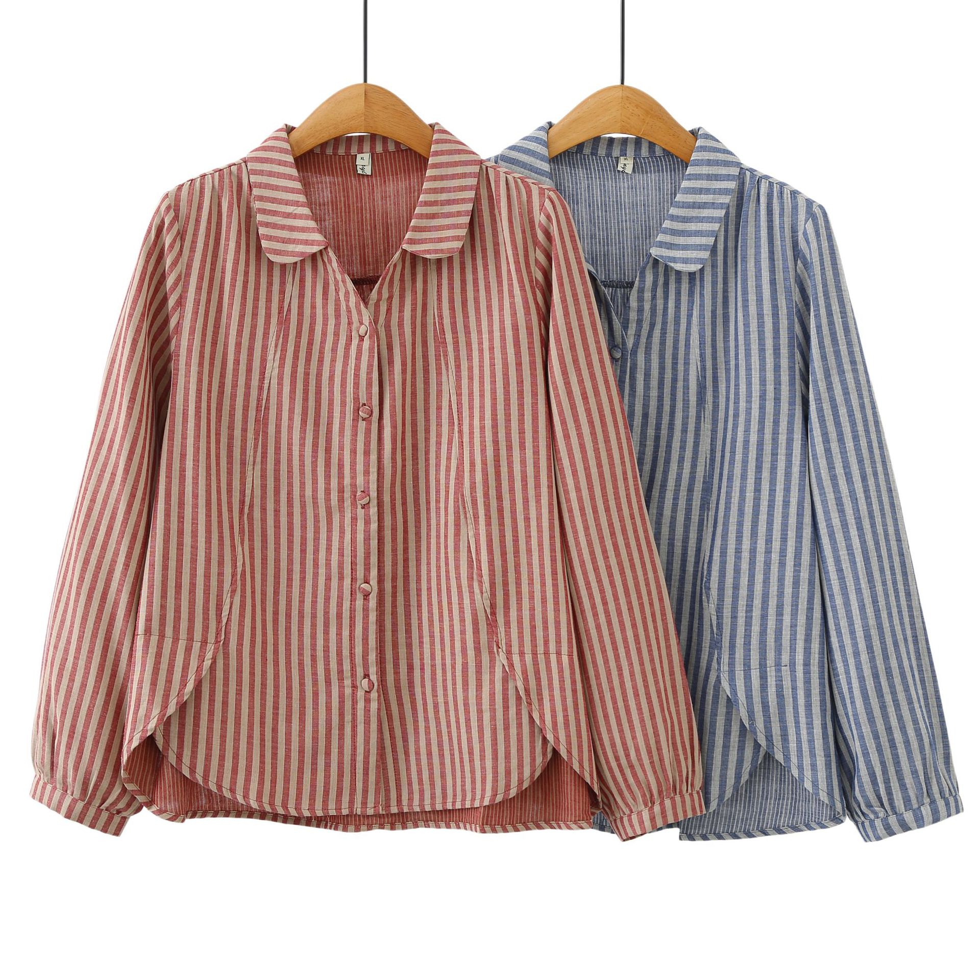 【Special】Plus-size women's autumn new vintage slim-fit striped patchwork shirt, versatile top for plus-size girls 0738