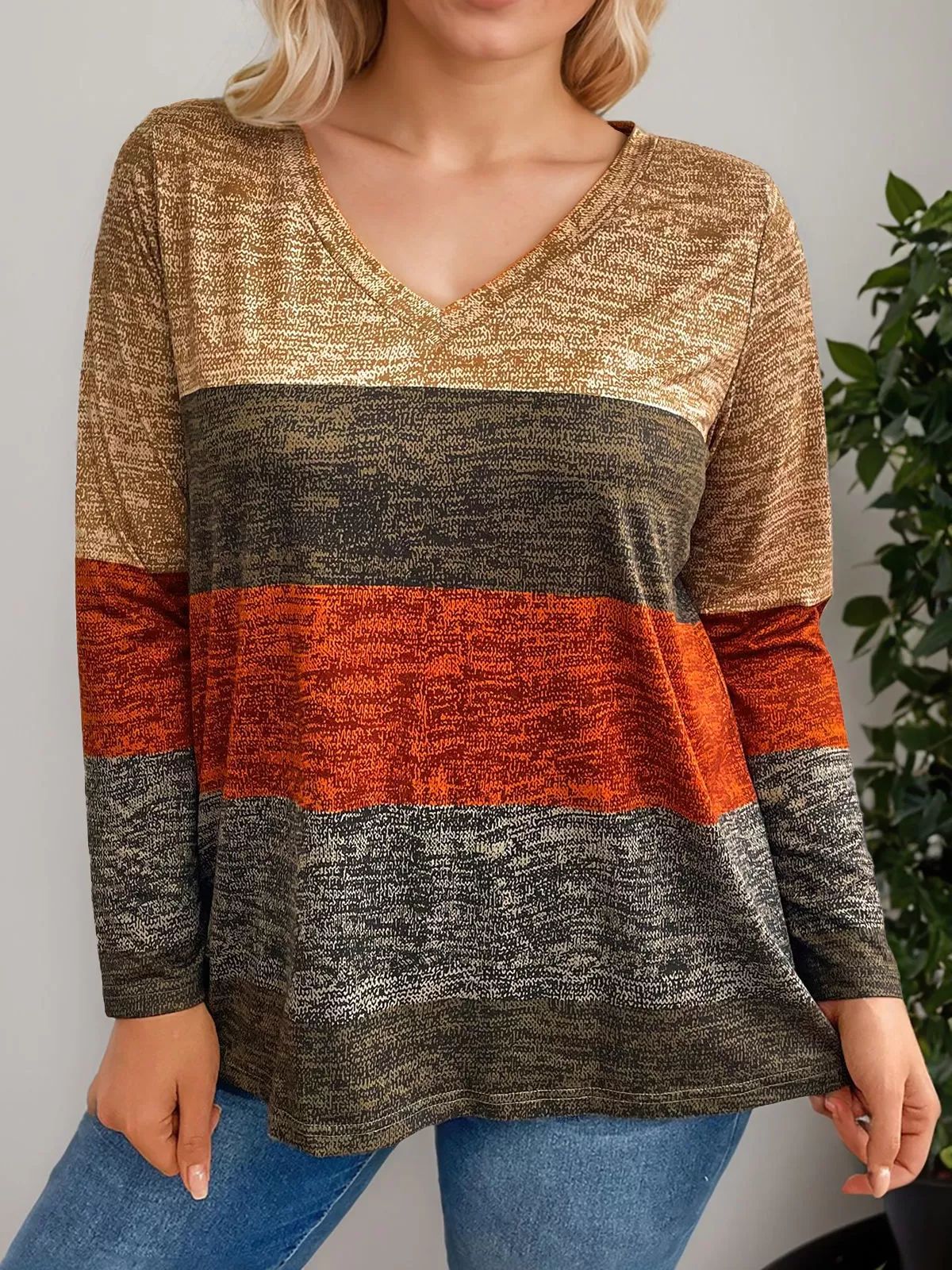 Camiseta de Mujer con Bloques de Color, Estilo Europeo y Americano, para Comercio Transfronterizo, Manga Larga, Cuello en V, Diseño de Color en Contraste, 2025 image 4