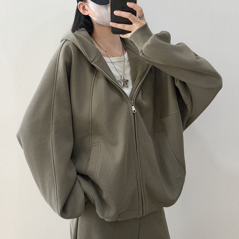 连帽卫衣外套女早秋2025新款秋季韩版宽松百搭女款灰色中长款上衣|undefined