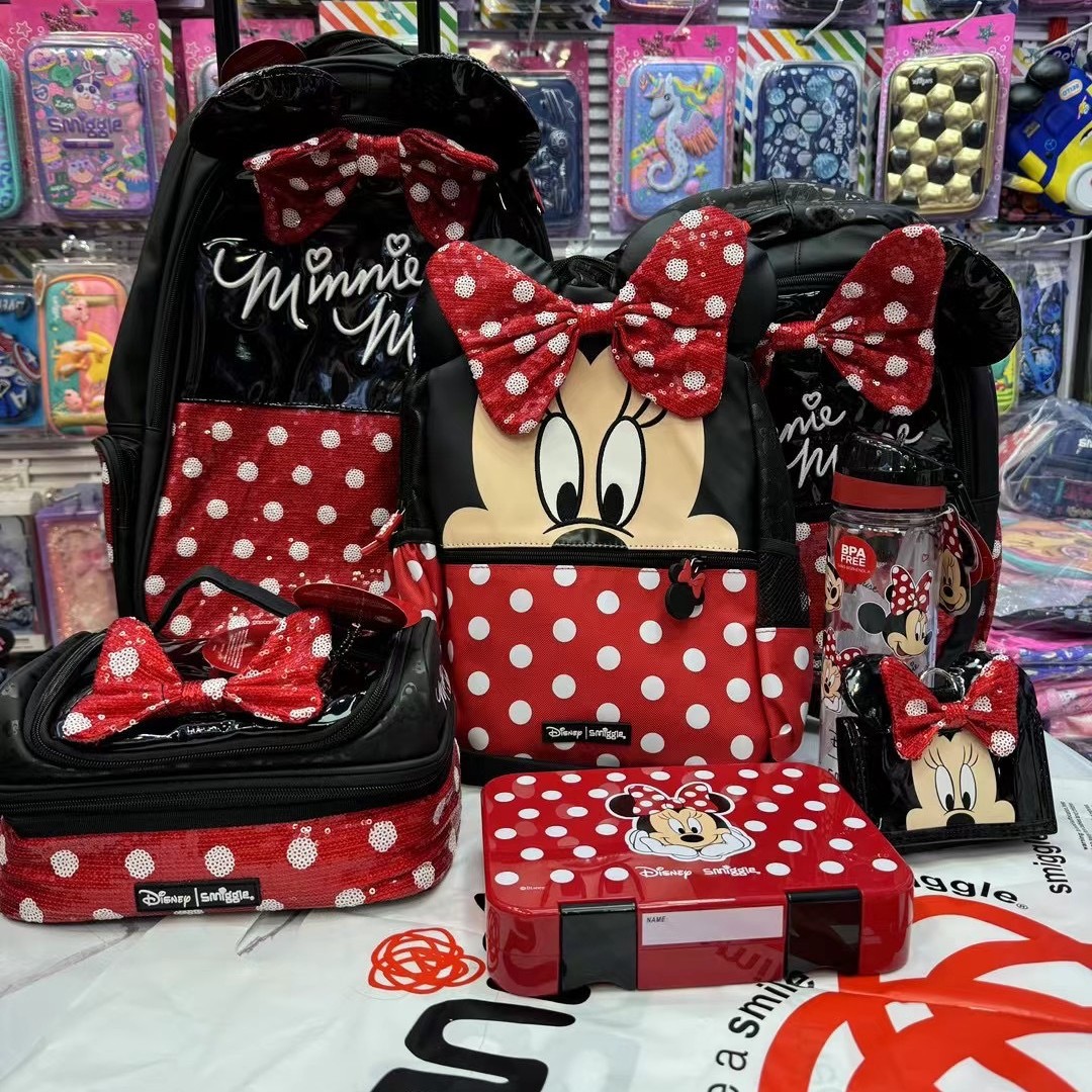 Australia Smiggle rojo Minnie serie de mochila de compresión de tirón mochila doble caja de almuerzo bolígrafo taza de agua