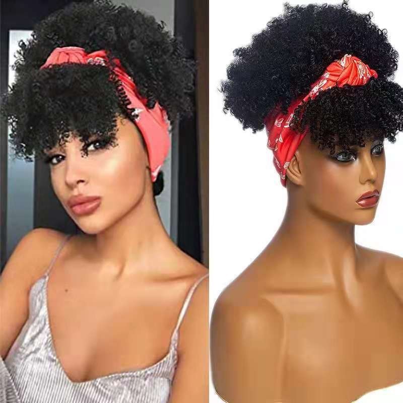 Amazon新品アフリカレディース小さいカール前髪一体ヘアバンドターバンかつら化学繊維かつらヘッドカバー|undefined