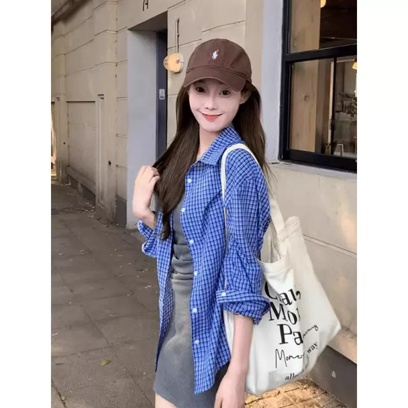 蓝色格子长袖衬衫女春夏季2025新款宽松休闲衬衣气质开衫外套上衣